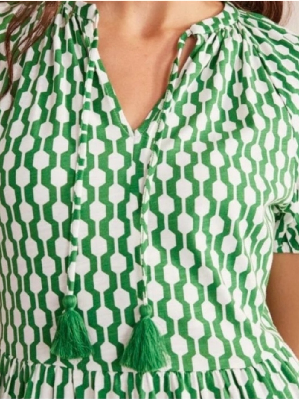 Boden Geo Azure Jersey Mini Dress Green White Tassel Size US 2R - Picture 3 of 11